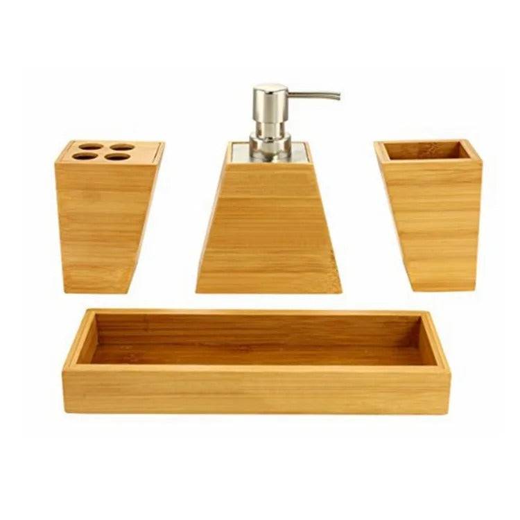 Light brown bamboo bathroom set with pump and compartments