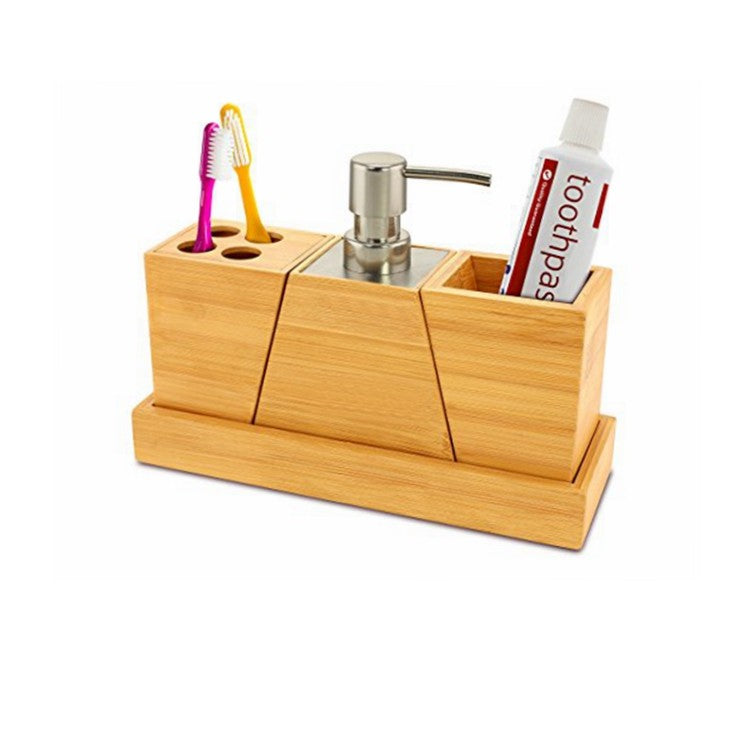 Light brown bamboo bathroom set with pump and compartments