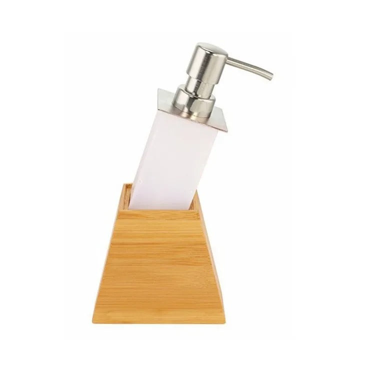 Light brown bamboo bathroom set with pump and compartments