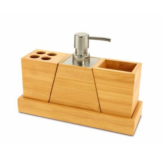 Light brown bamboo bathroom set with pump and compartments