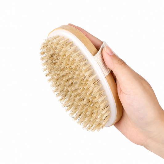 Light brown bamboo body brush with oval shape