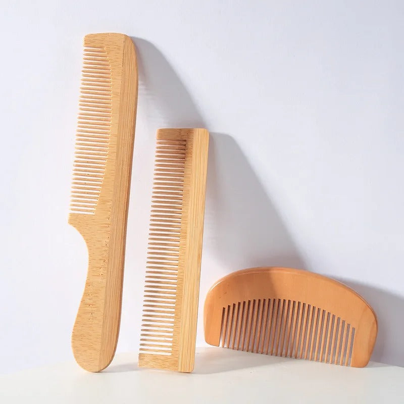 Light brown bamboo comb set with three shapes