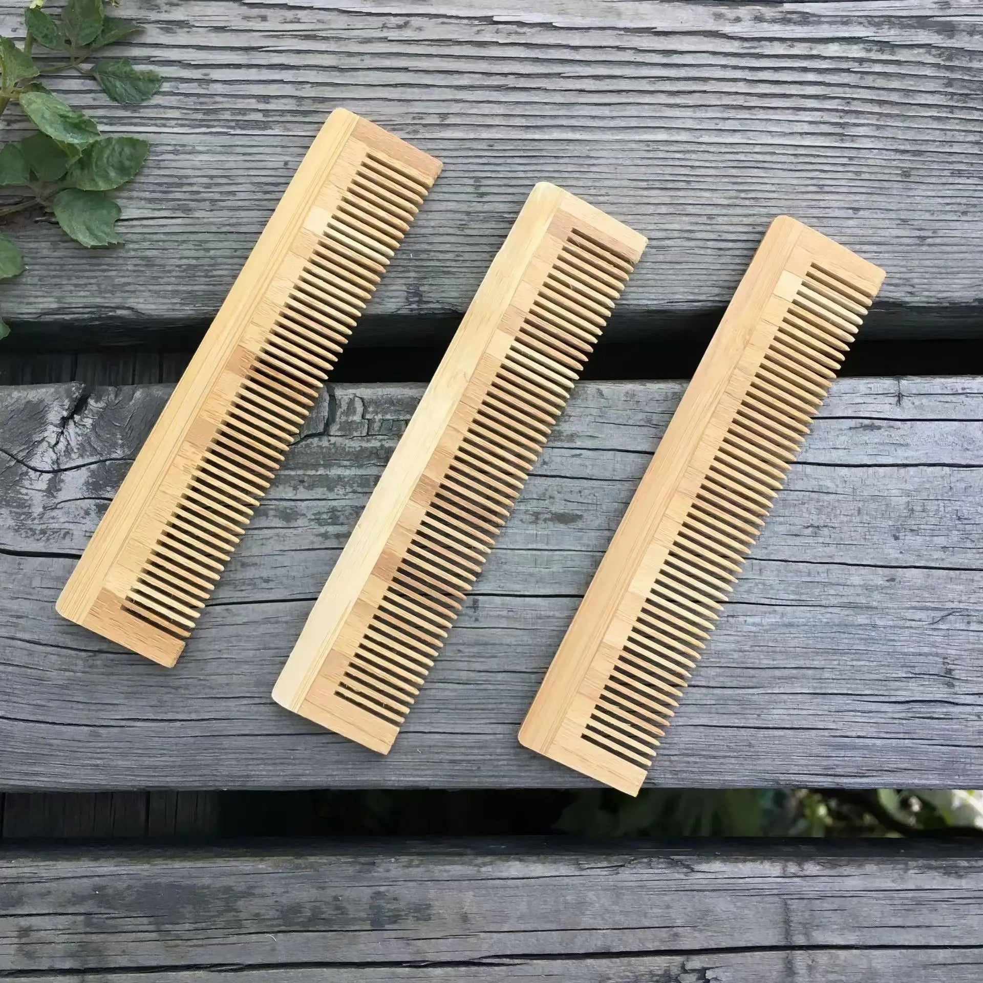 Light brown bamboo comb set with three shapes