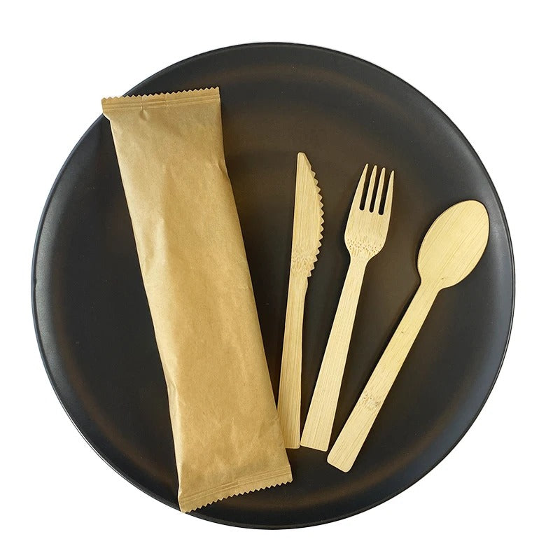 Light brown bamboo cutlery set with knife, fork, spoon (20 sets)