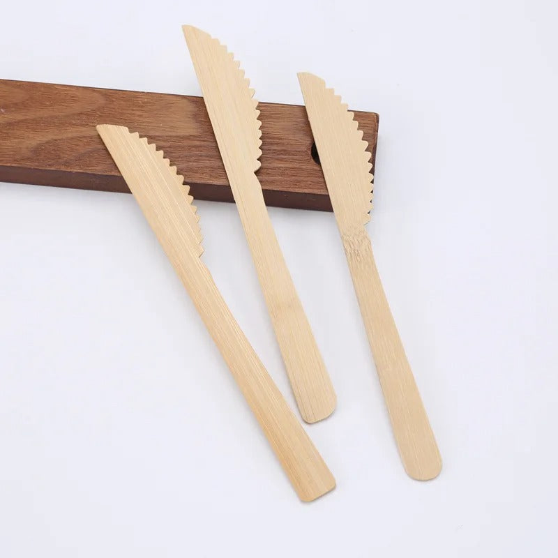 Light brown bamboo cutlery set with knife, fork, spoon (20 sets)