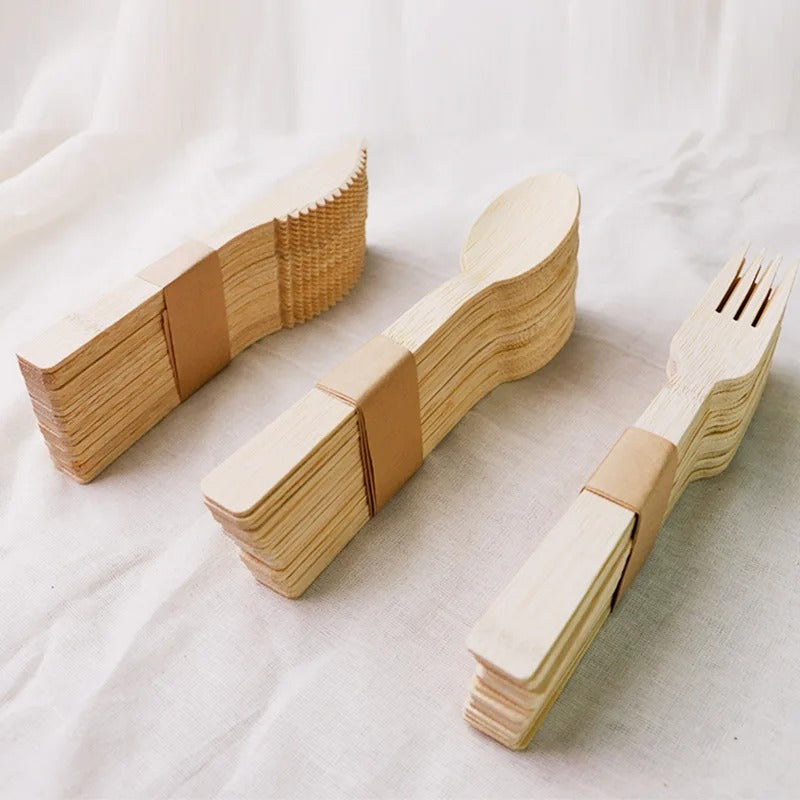 Light brown bamboo cutlery set with knife, fork, spoon (20 sets)