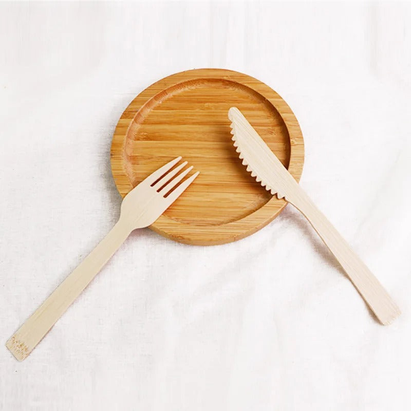 Light brown bamboo cutlery set with knife, fork, spoon (20 sets)
