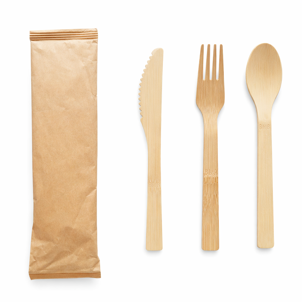 Light brown bamboo cutlery set with knife, fork, spoon (20 sets)