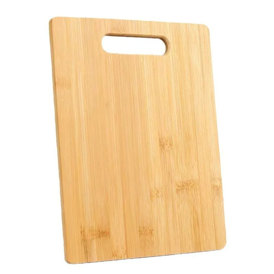 Light brown bamboo cutting board with handle slot