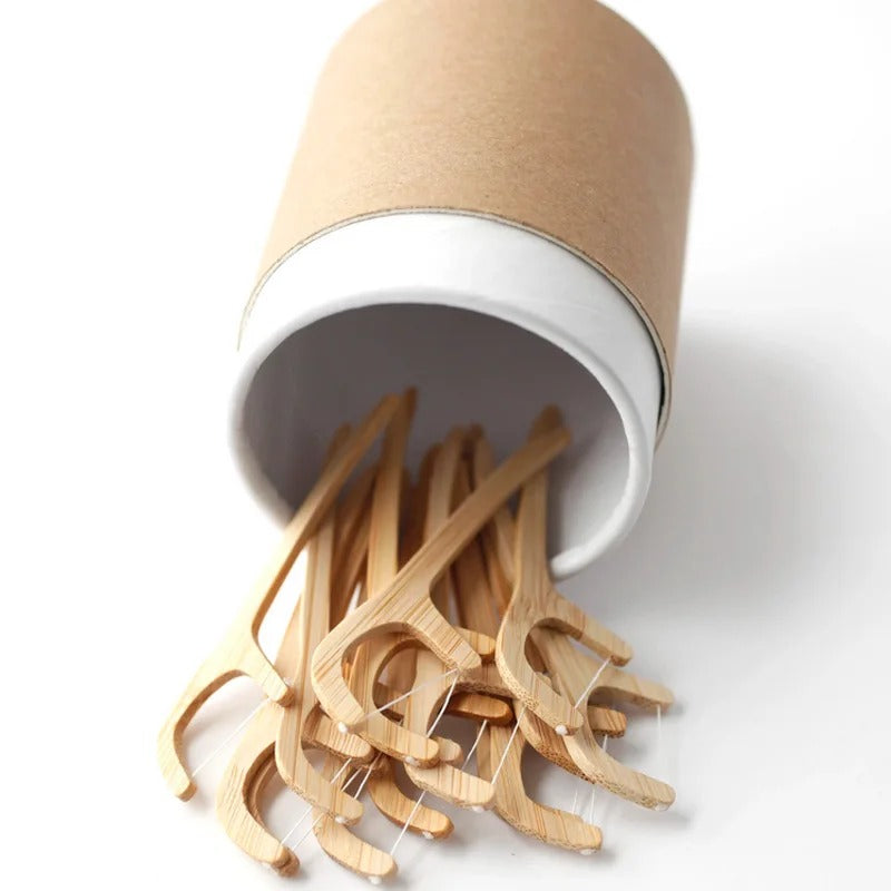 Light brown bamboo dental floss picks with curved head (20 pcs)