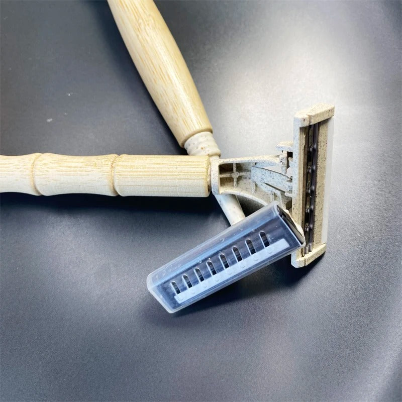 Light brown bamboo razors with varied handle designs and head styles