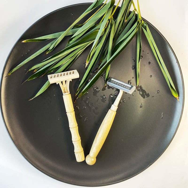 Light brown bamboo razors with varied handle designs and head styles