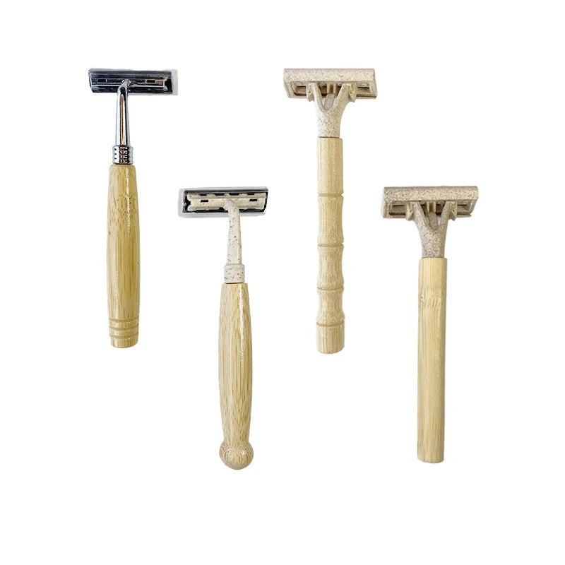 Light brown bamboo razors with varied handle designs and head styles