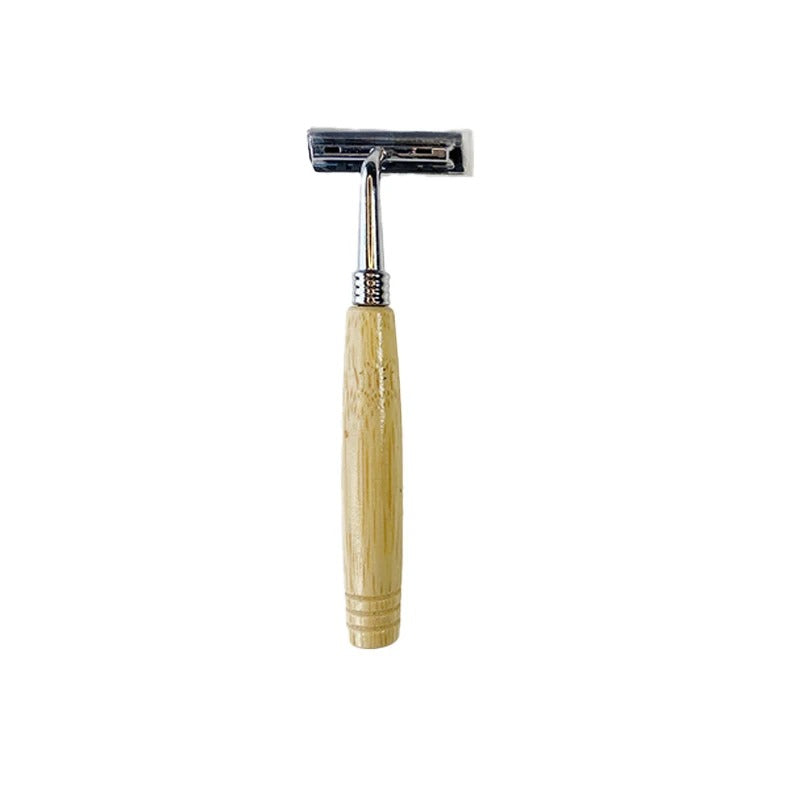 Light brown bamboo razors with varied handle designs and head styles