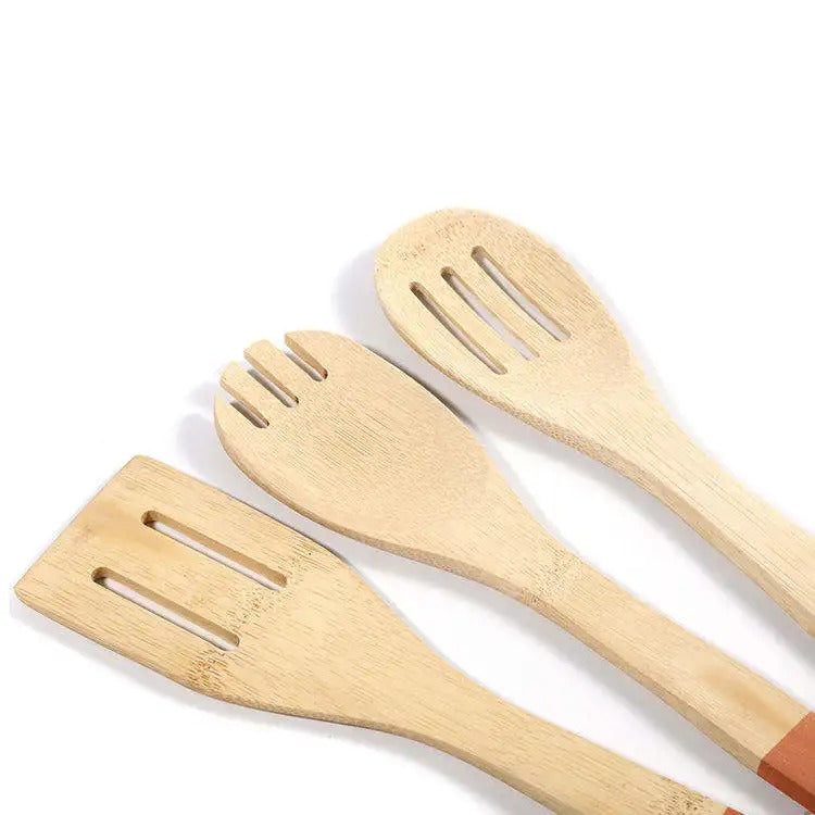 Light brown bamboo spatula set with colored handles