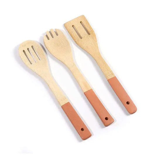 Light brown bamboo spatula set with colored handles