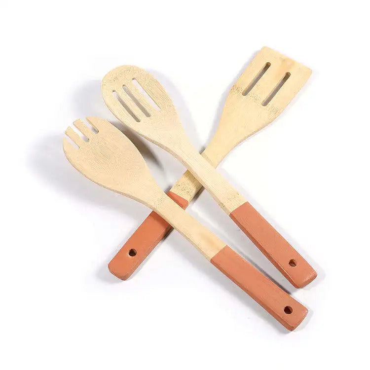 Light brown bamboo spatula set with colored handles