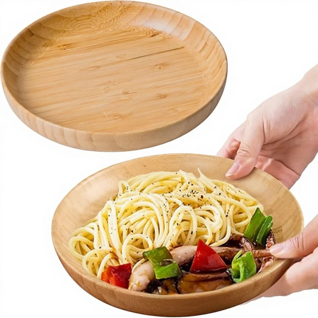 Round light brown bamboo plate with raised edge