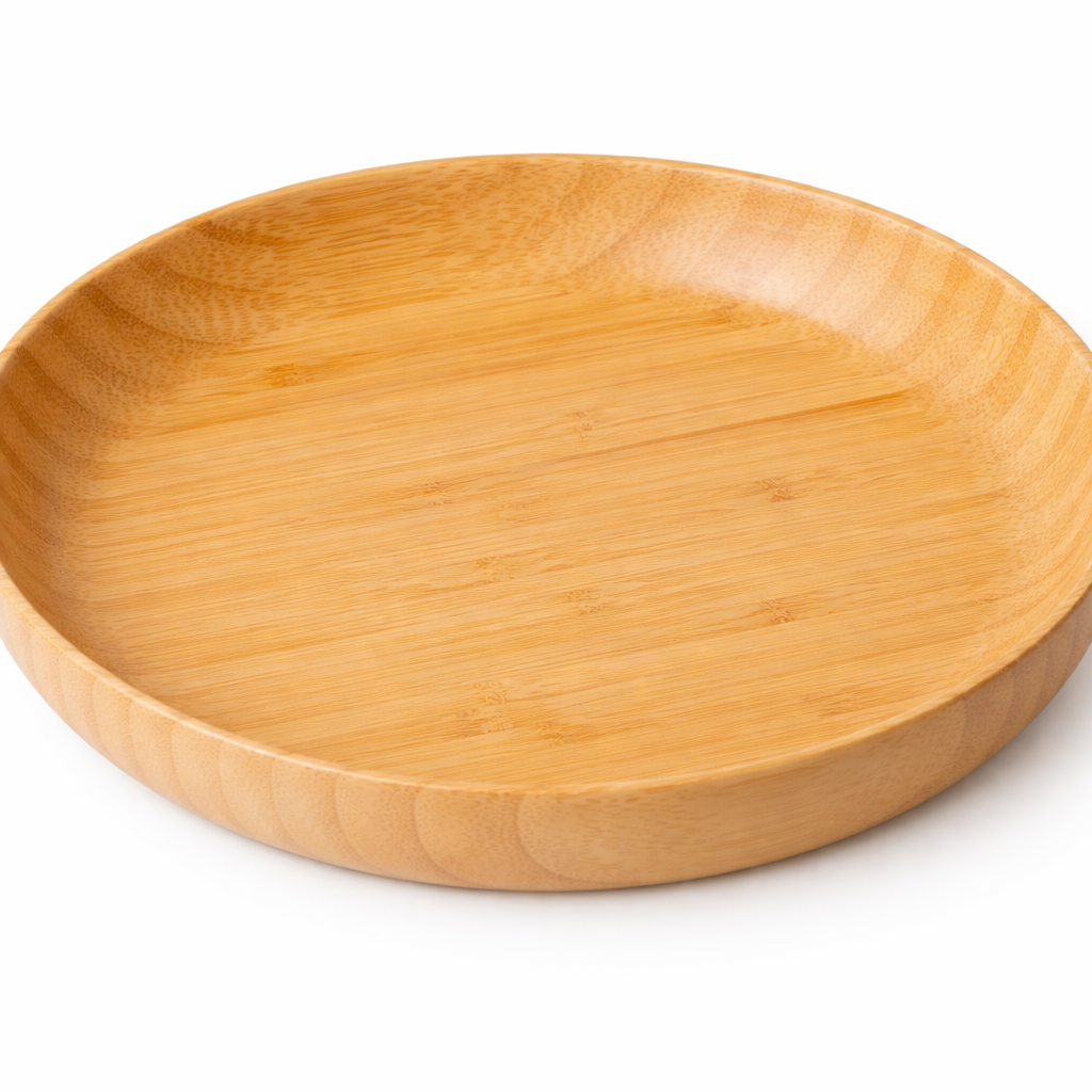 Round light brown bamboo plate with raised edge